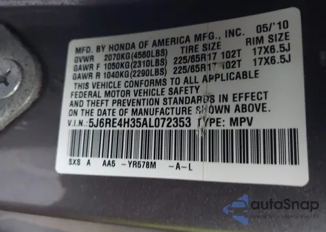 2010 Honda Cr-V Lx from USA, damaged, VIN 5J6RE4H35AL072353